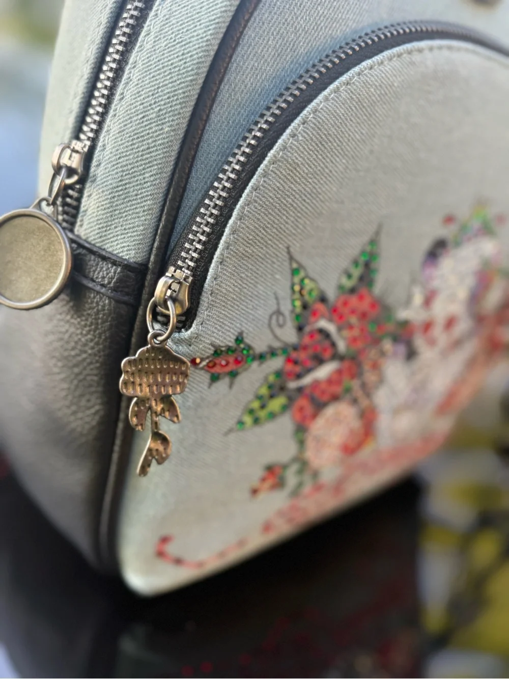 Ed Hardy Light Gray/blue denim Backpack with Embellished Skull & Rose Design